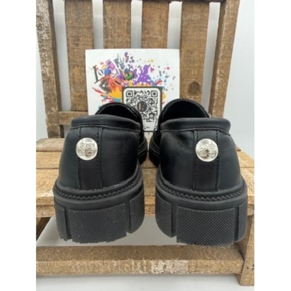 Bebe Girls Black‎ Lug Sole Loafers Rhinestone Logo Strap Size 11 Toddler Little